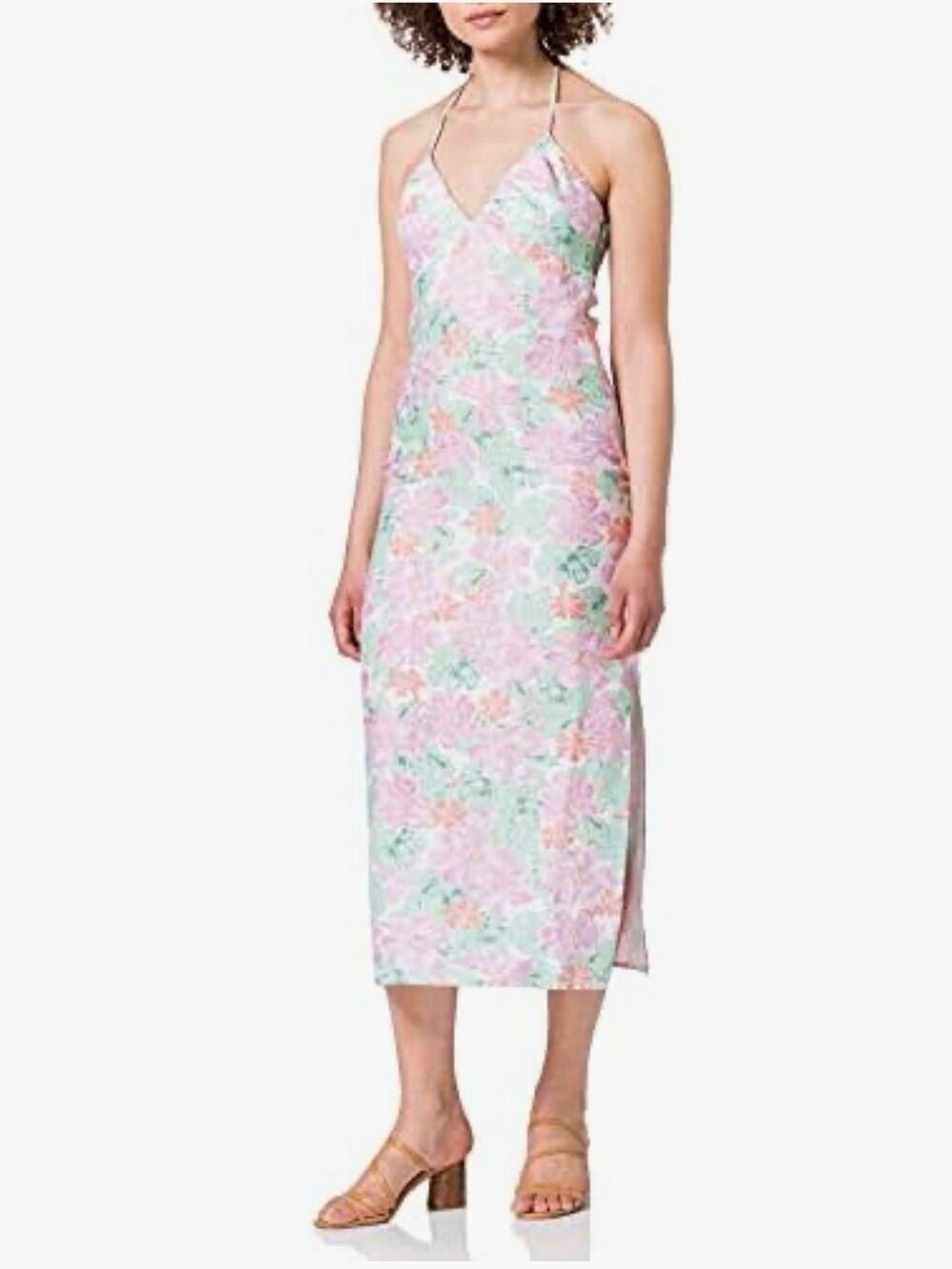 NA-KD Australian linen halter tie autumn wedding guest pastel midi dress 38